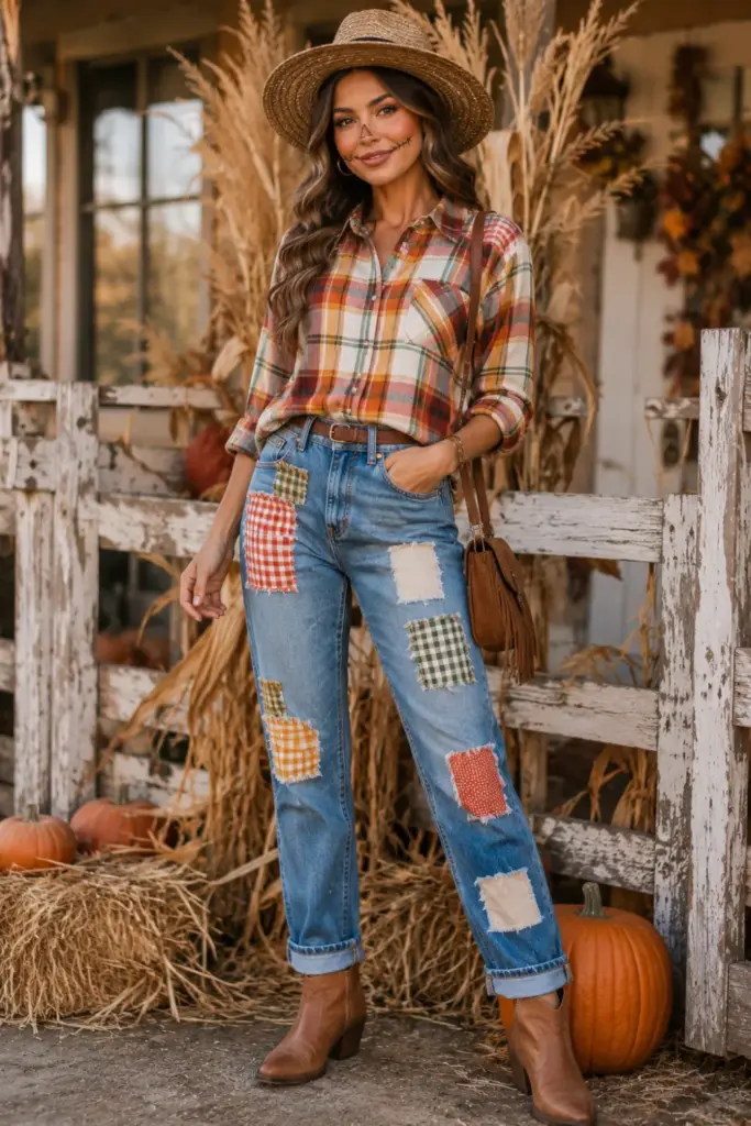 A cute modern scarecrow Halloween DIY outfit with a plaid shirt, straw hat, patched jeans, boots, and contemporary face paint.
