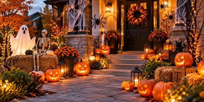 Best easy Halloween outdoor decoration ideas featuring glowing pumpkins, a spooky porch, skeletons, ghost decor, lanterns, and autumn plants