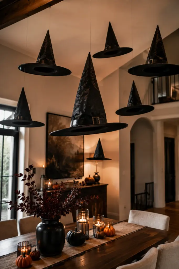 Contemporary Halloween interior with floating black witch hats suspended at different heights, warm lighting, and elegant modern decor.