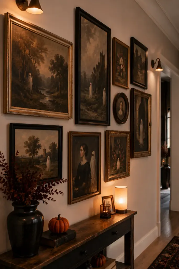 Contemporary Halloween hallway gallery wall featuring thrifted vintage paintings with subtle hidden ghosts, black frames, and warm modern lighting.