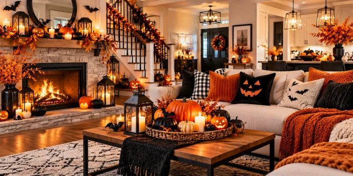 Best Halloween aesthetic design ideas for every home featuring modern living room decor, pumpkins, candles, black accents, and cozy fall decorations