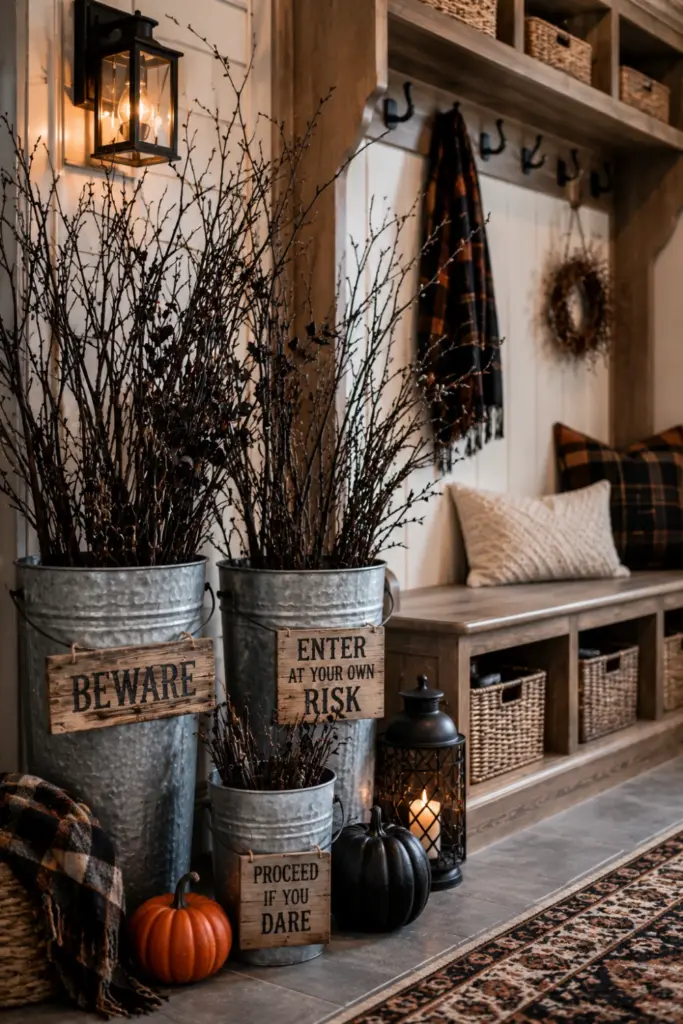 Modern Halloween mudroom with galvanized buckets of dried twigs, rustic warning signs, pumpkins, and organized contemporary storage.