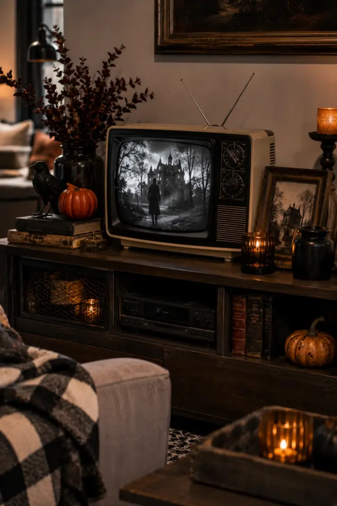 Stylish Halloween TV stand featuring a vintage television, black-and-white horror imagery, candles, old books, and modern decor.