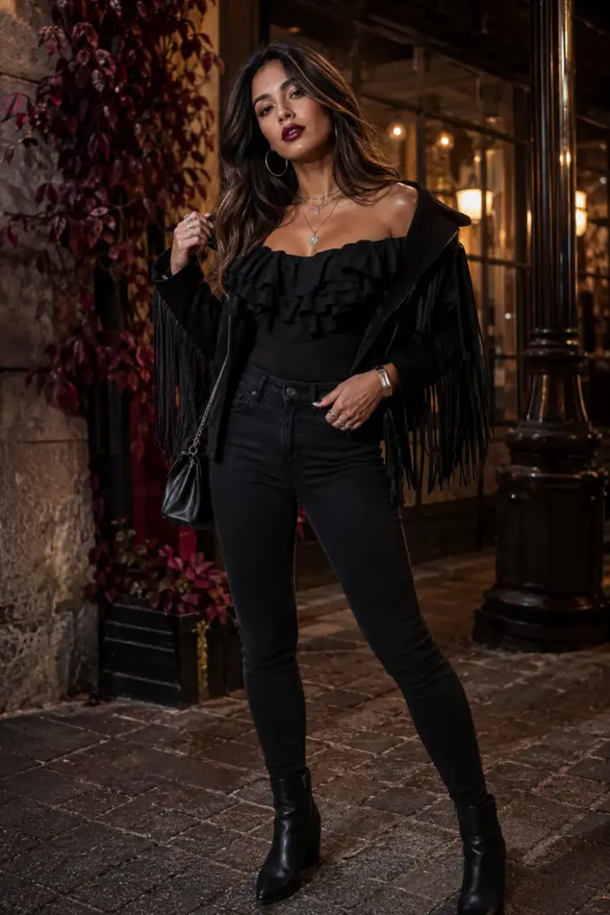 Best Halloween All-Black Outfit Design Ideas for Women featuring an off-the-shoulder ruffled top, black skinny jeans and suede fringe jacket.