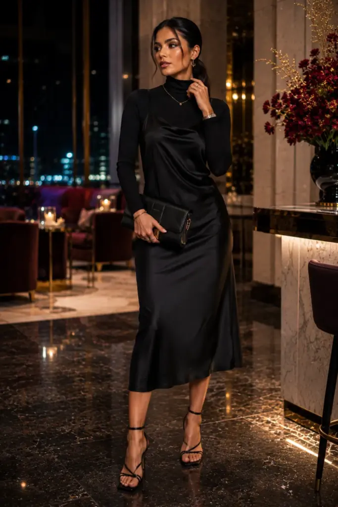Best Halloween All-Black Outfit Design Ideas for Women, featuring a black silk slip dress layered over a turtleneck with strappy heels and a structured clutch.