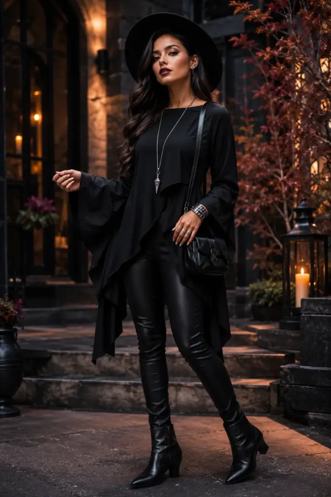 Best Halloween All-Black Outfit Design Ideas for Women featuring an asymmetrical black tunic, faux leather leggings, and a wide-brim felt hat in modern witch fashion.