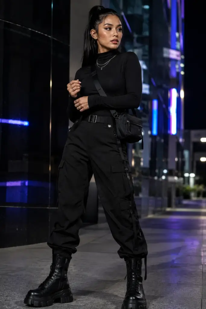 Best Halloween All-Black Outfit Design Ideas for Women featuring a fitted black mock-neck top, cargo pants, and chunky combat boots in a modern street-style Halloween outfit.