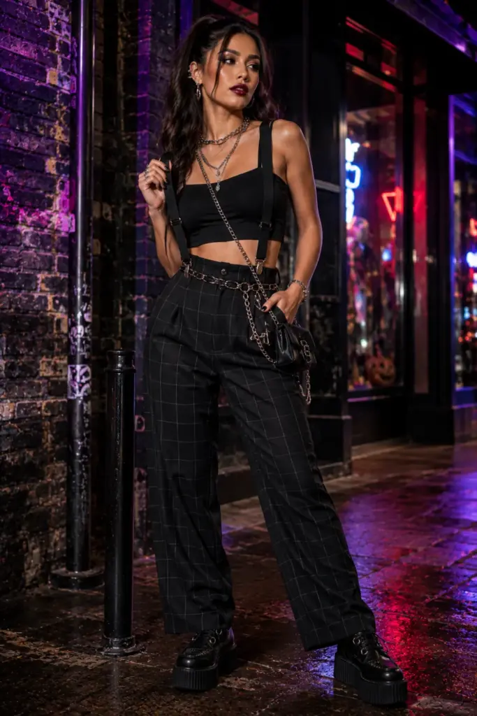 Best Halloween All-Black Outfit Design Ideas for Women featuring black plaid trousers, suspenders, a crop top, and platform creepers with contemporary punk styling.