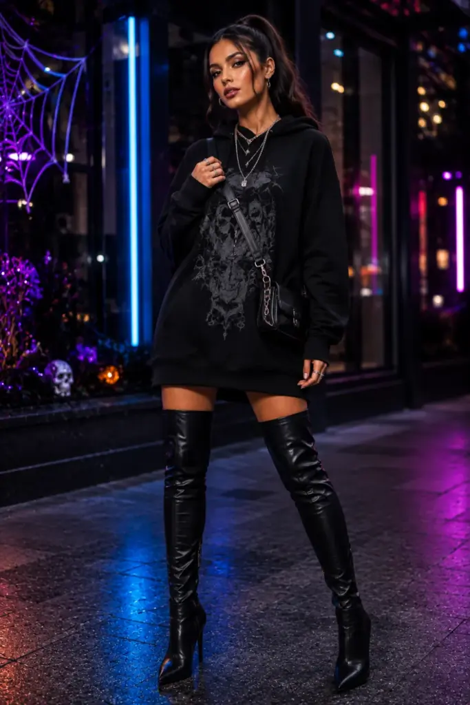 Best Halloween All-Black Outfit Design Ideas for Women featuring an oversized graphic hoodie dress, thigh-high stiletto boots, and a crossbody bag.