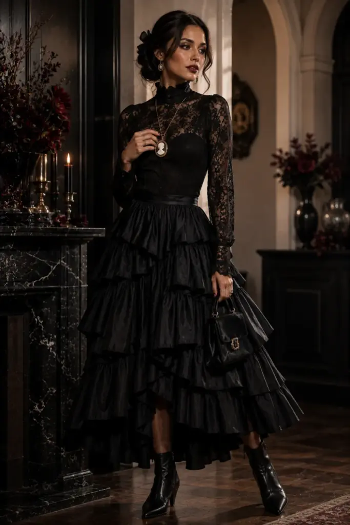 Best Halloween All-Black Outfit Design Ideas for Women featuring a high-neck black lace top, cameo jewelry, and a flowing ruffled midi skirt in modern Victorian style.