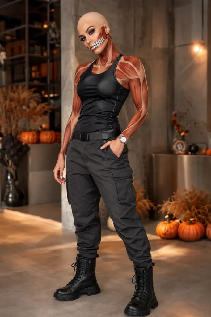 Attack on Titan shifter-inspired Halloween costume with a bald cap, theatrical muscular-texture makeup, oversized teeth, a dark contemporary outfit, and modern 2026 styling.