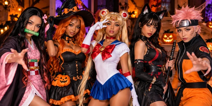 Best Halloween anime outfits featuring creative anime-inspired costume ideas for women, with colorful cosplay looks, wigs, accessories, and spooky Halloween styling.