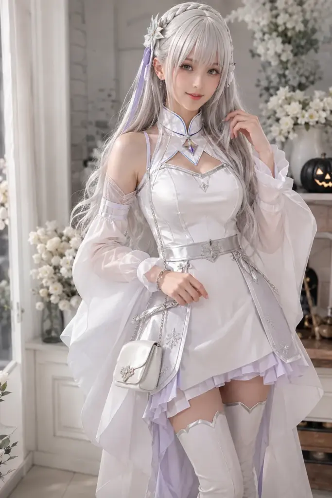 Emilia Re:Zero-inspired Halloween outfit with a silver-white dress, long silver hair, a matching hair accessory, elegant boots, and modern 2026 styling.