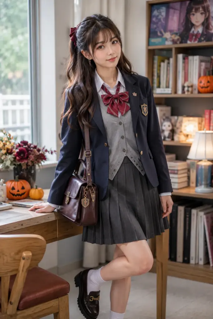 A modern Japanese school uniform-inspired Halloween costume with a pleated skirt, white shirt, cardigan, ribbon tie, loafers, and customizable anime accessories.