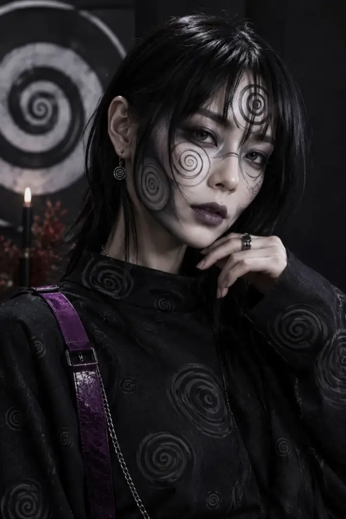 A Junji Ito Uzumaki-inspired Halloween outfit with grayscale spiral face paint, dark clothing, graphic spiral motifs, and contemporary horror styling.