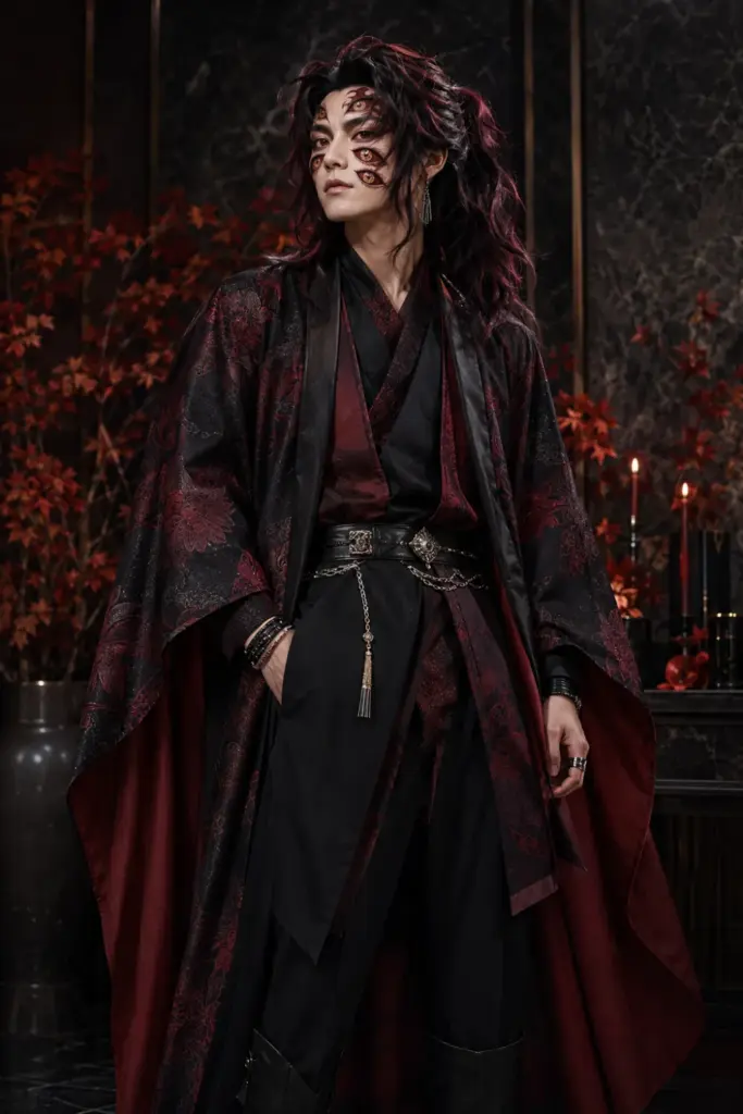 Kokushibo demon slayer Halloween outfit with six eyes, samurai-inspired layers, a dark kimono, long hair, demon makeup, and modern accessories.
