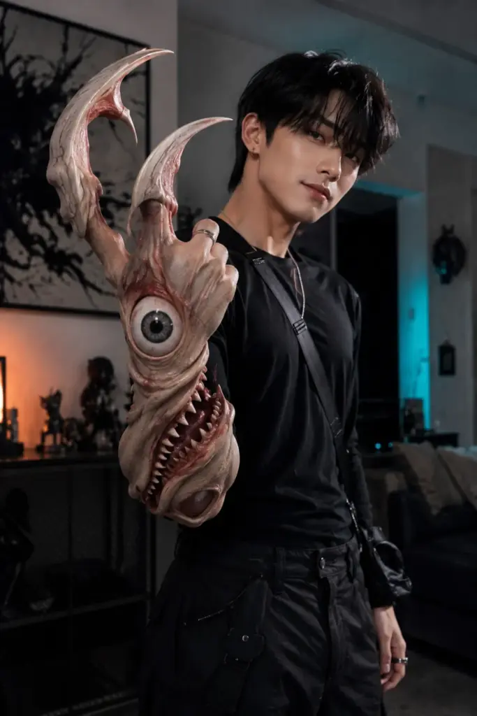 Migi Parasyte Halloween costume with a sculpted creature arm sleeve, oversized eye, teeth, a modern black outfit, and realistic monster detailing.