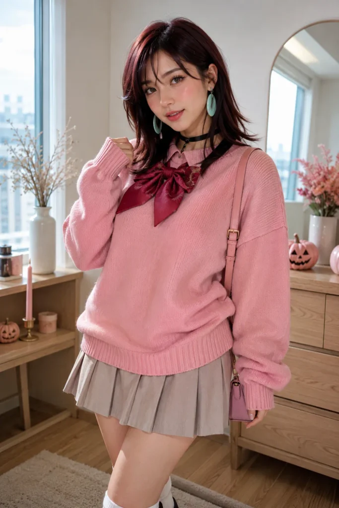 Momo Ayase inspired a Halloween anime outfit with a large pink sweater, short skirt, oversized ribbon bow, modern hair, chic shoes, and colorful Pinterest styling.