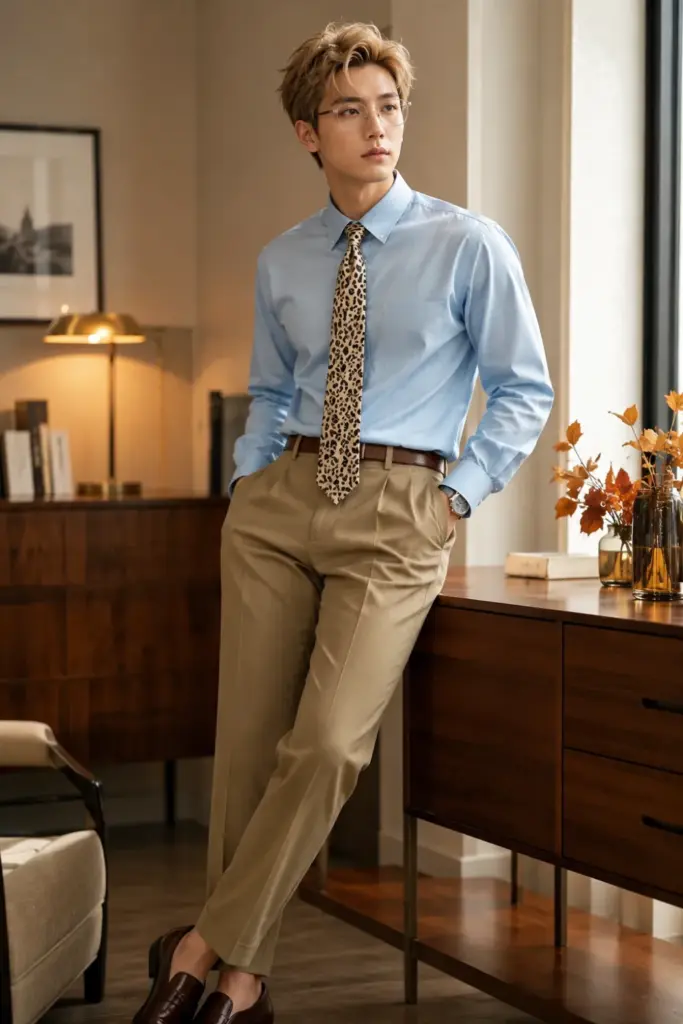 Nanami Kento inspired the Jujutsu Kaisen Halloween outfit with khaki trousers, a blue shirt, a cheetah-print tie, glasses, and polished modern styling.