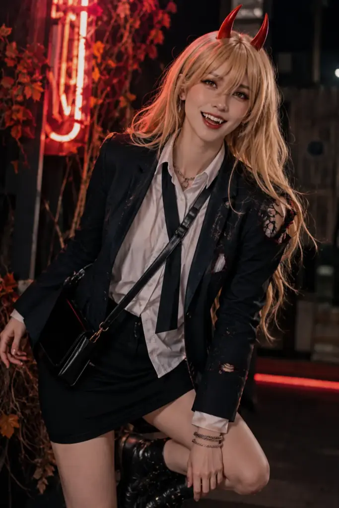 Modern Power from Chainsaw Man Halloween costume featuring orange-red horns, a distressed school blazer, a fanged smile, blonde hair, and trendy boots.