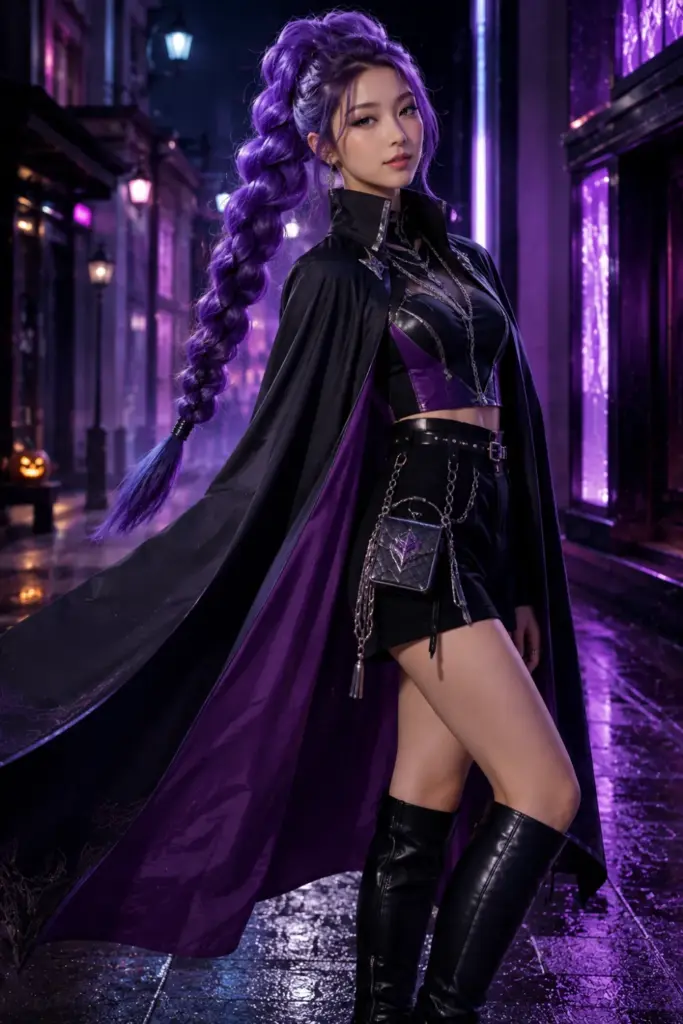 Rumi KPop Demon Hunters Halloween outfit with long purple hair, a dragon braid, a dark cape, glamorous makeup, and modern 2026 accessories.