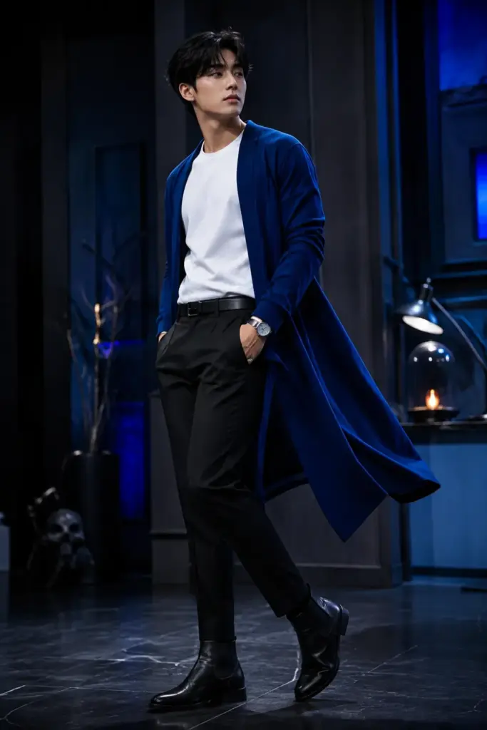 Sung Jin-woo-inspired Solo Leveling Halloween outfit with black pants, a white top, a blue cardigan or cape, modern boots, and sleek styling.