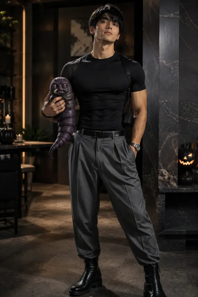 Toji Fushiguro Jujutsu Kaisen Halloween outfit with a fitted black compression shirt, grey pants, dark boots, and a playful worm-inspired prop.