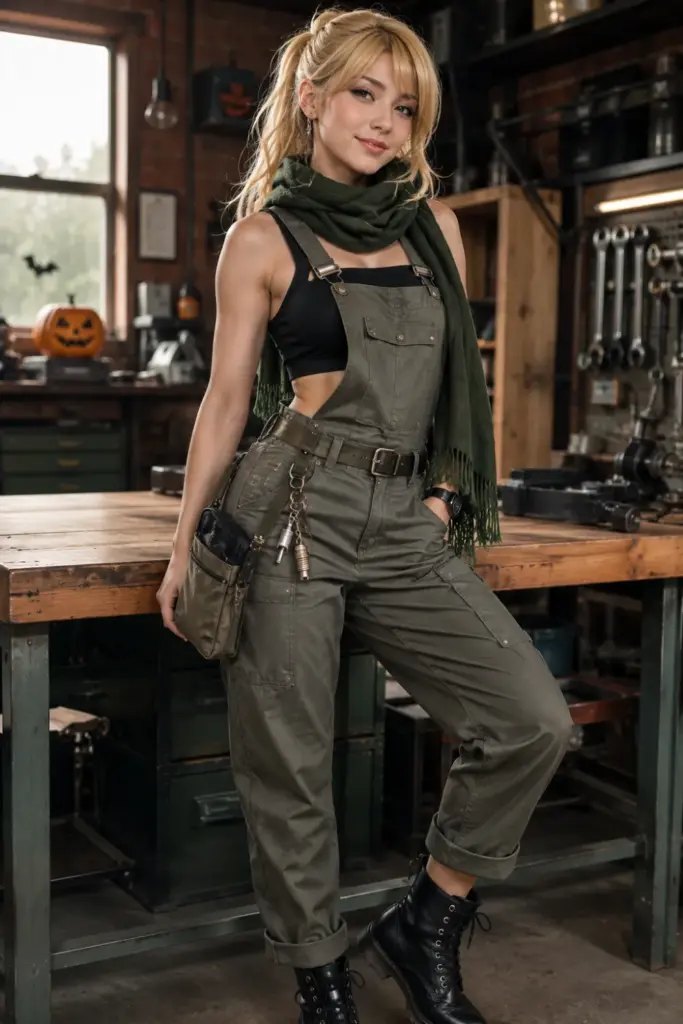 Winry Rockbell Fullmetal Alchemist Halloween outfit with a black fitted top, cargo overalls, a green scarf, boots, and modern utility accessories.