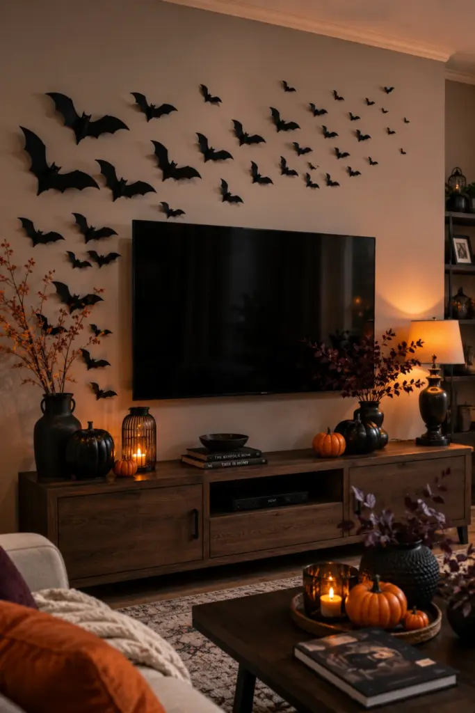Dramatic black bat silhouettes sweeping around a modern TV with stylish Halloween decor in a contemporary home.