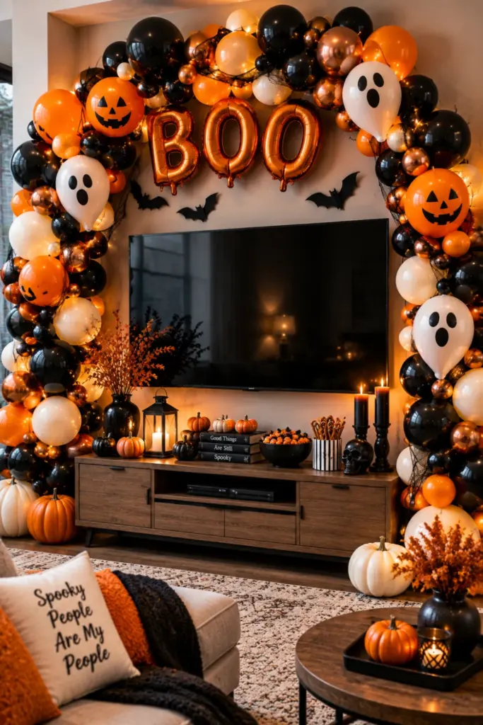 Black and orange balloon garland arch framing a modern TV with BOO accents and festive Halloween party decor.