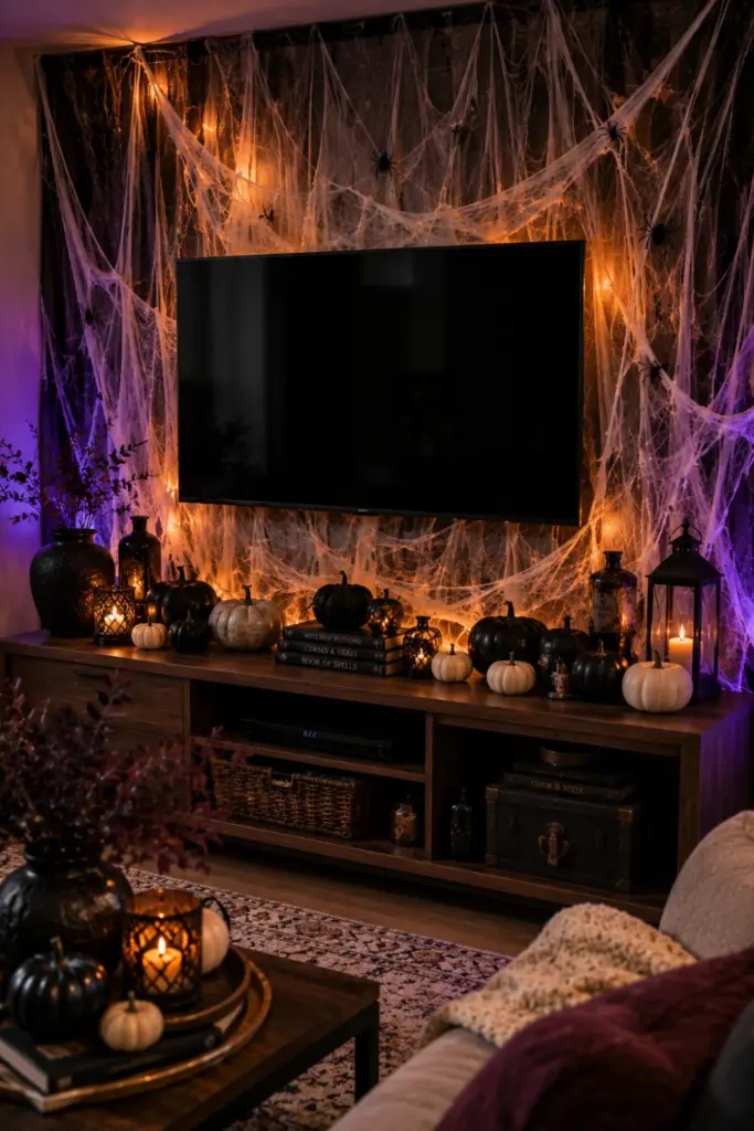 Modern Halloween TV wall with sheer cobweb curtains behind the television, warm lighting, and elegant spooky console decor.