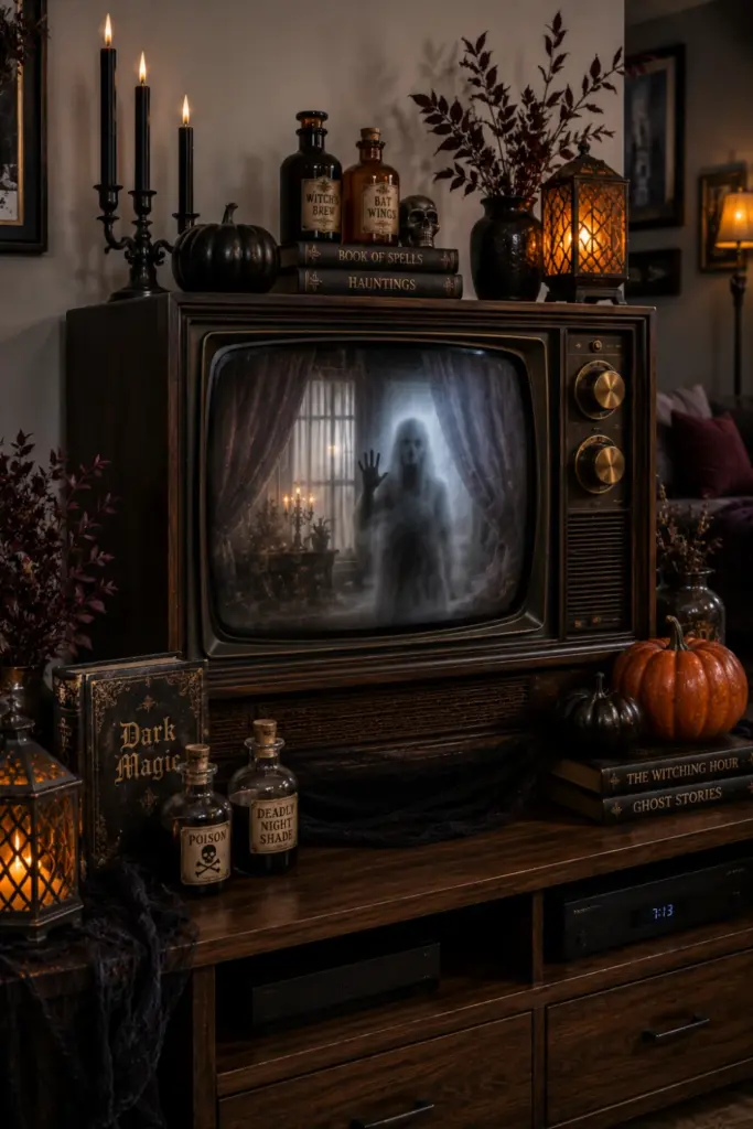 A repurposed vintage television is transformed into a spooky haunted TV prop with a dark frame, eerie display, and atmospheric Halloween styling.