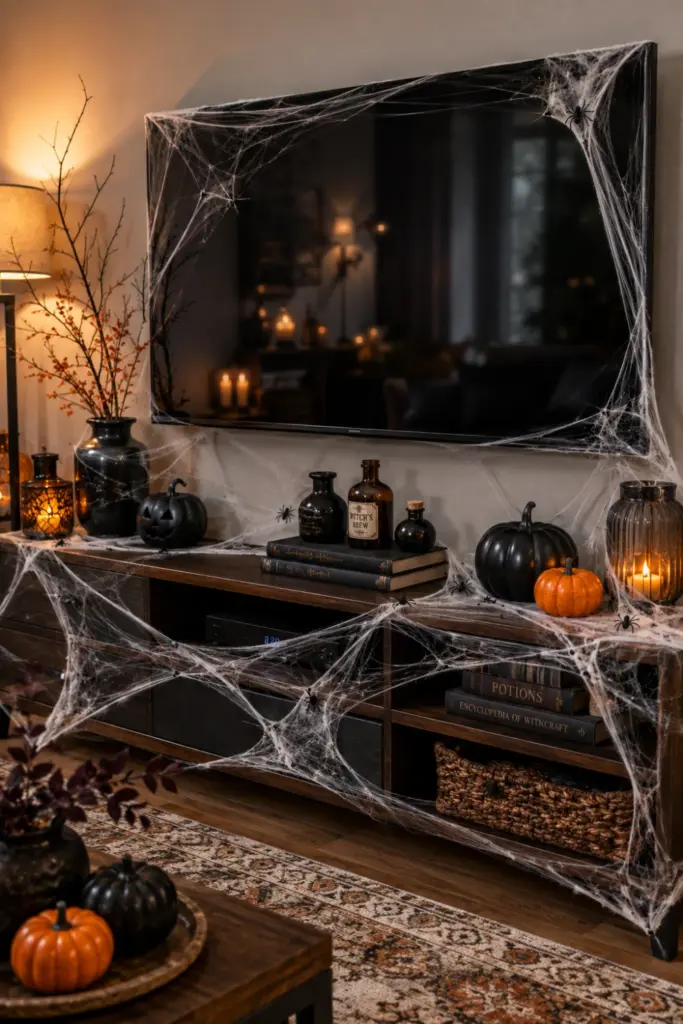 Faux spiderwebs and plastic spiders draped around a modern TV console for a stylish haunted Halloween display.