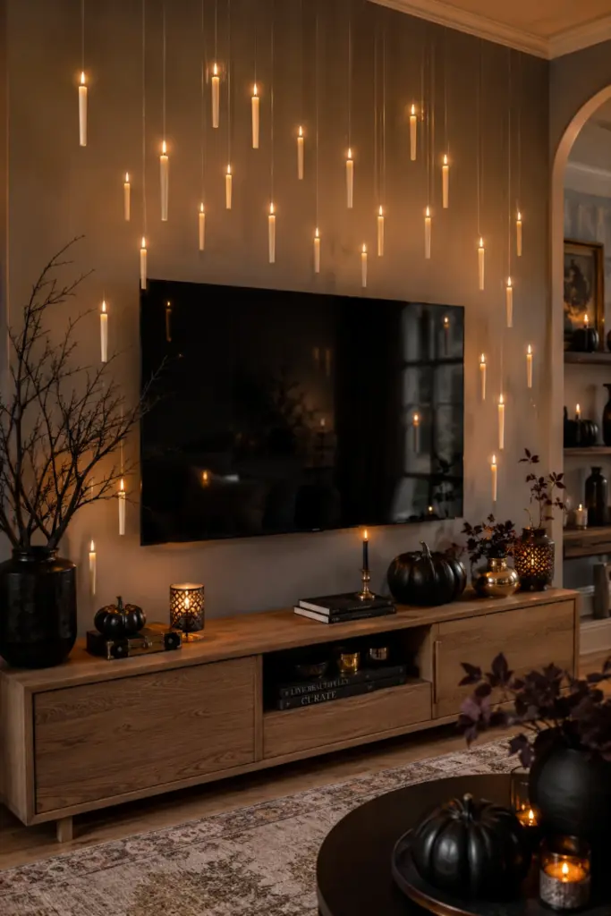 Floating battery-operated candles surrounding a modern TV in a stylish Halloween living room with elegant spooky decor.