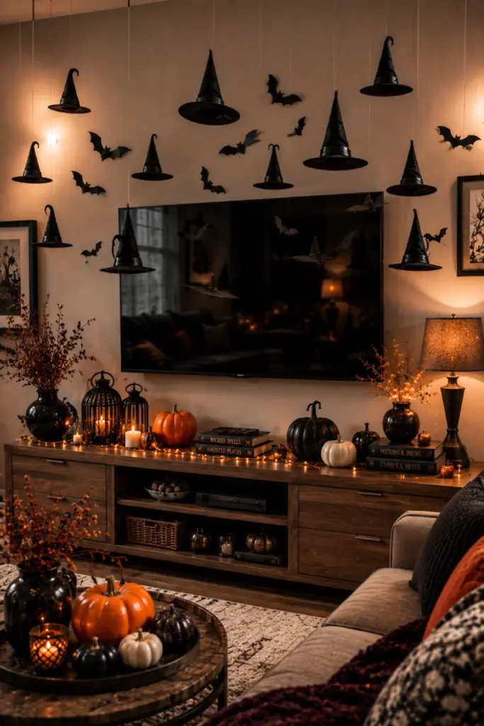 Floating miniature witch hats and black bats suspended around a modern TV with colorful contemporary Halloween decor.