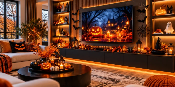 Best Halloween around TV easy design ideas for home featuring pumpkins, bats, candles, spooky decor, and a cozy modern living room setup