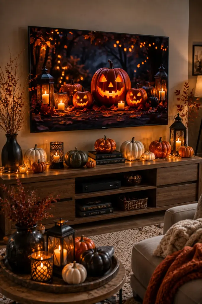 Glowing jack-o’-lantern TV scene with warm Halloween lighting, pumpkins, lanterns, and modern seasonal decor around a contemporary television.