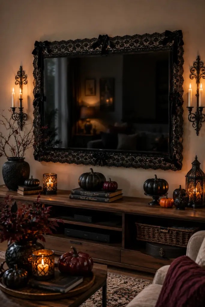 Elegant modern TV framed with black lace and velvet accents, flanked by wrought iron candle holders in a sophisticated Gothic Halloween living room.