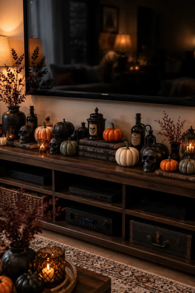 Stylish TV console decorated with mini pumpkins, matte black skulls, ceramic potion bottles, and modern Halloween accents.