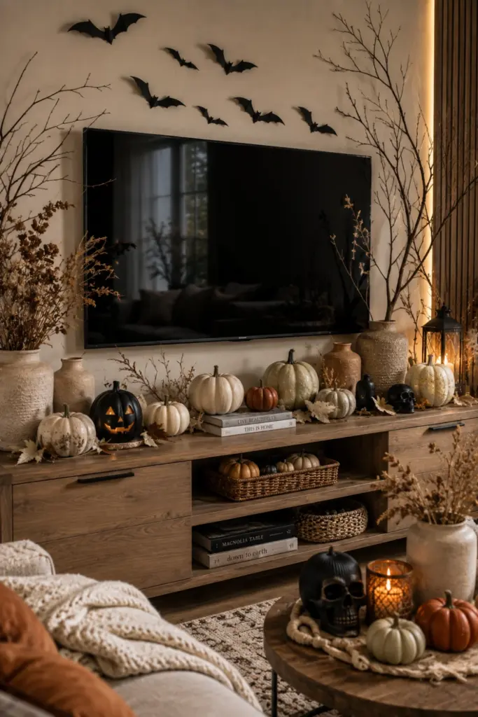 Elegant neutral Halloween TV decor featuring cream pumpkins, dried branches, minimalist black bats, and contemporary earthy styling.
