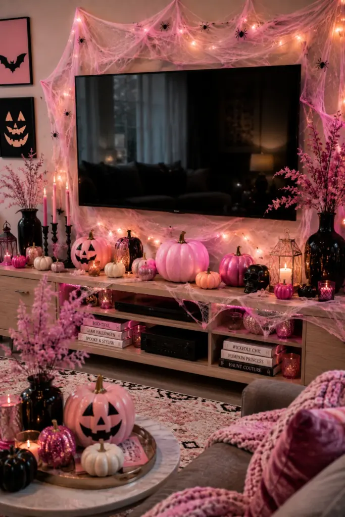 Pink Halloween glam TV display with blush pumpkins, pink cobwebs, fairy lights, black accents, and contemporary feminine decor.
