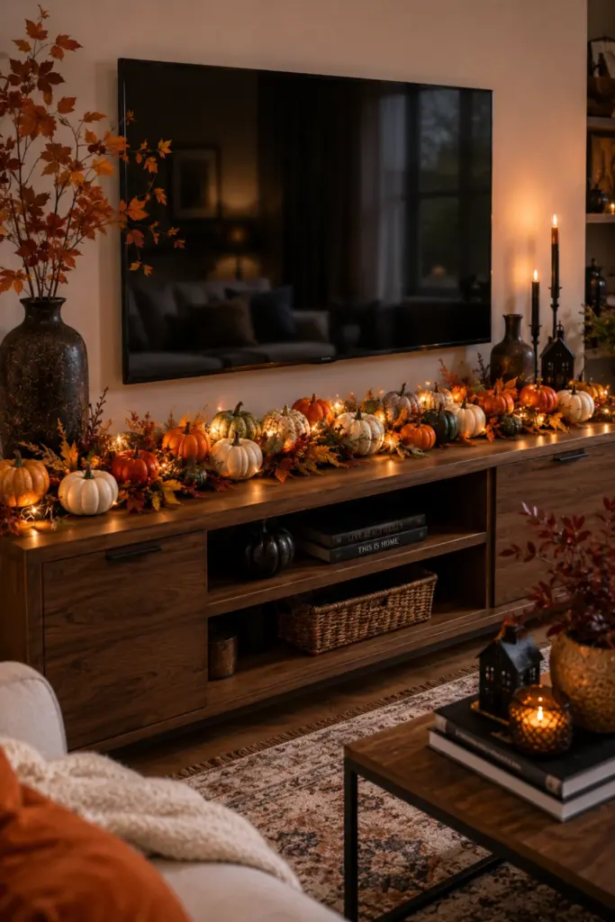 Mini pumpkin and gourd garland styled across a modern TV console with warm autumn Halloween decor.