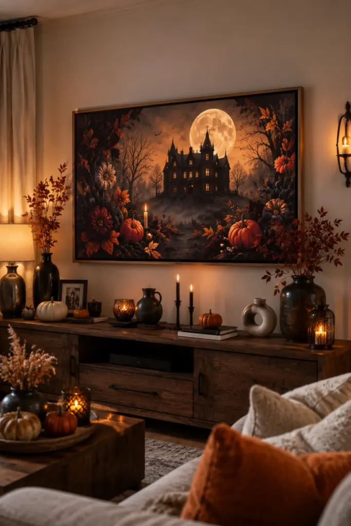 Modern Frame TV displaying elegant Halloween artwork with pumpkins and moody decor in a contemporary living room.