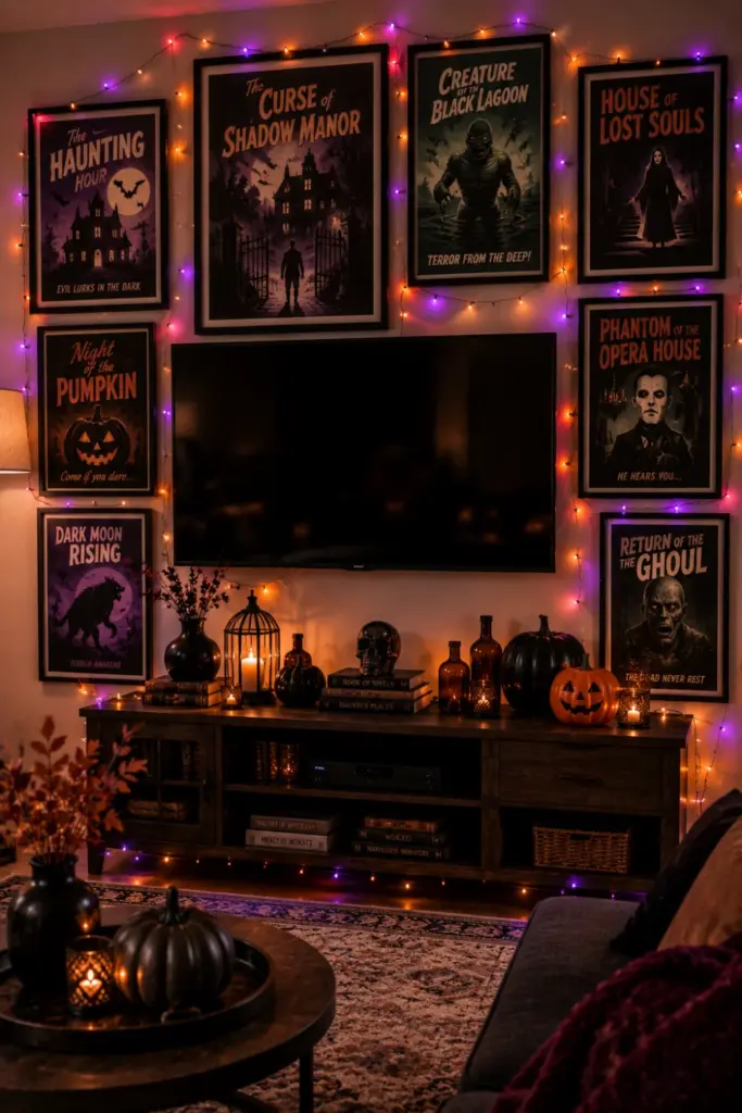Vintage horror movie poster gallery surrounding a modern TV with orange and purple fairy lights for a nostalgic Halloween display.