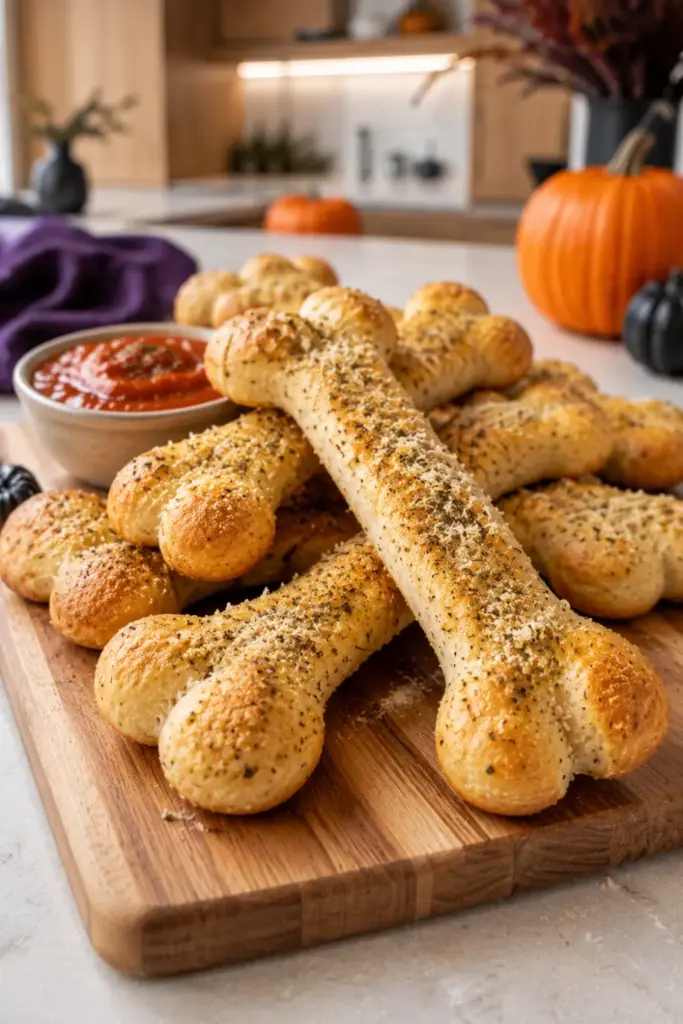Best Halloween Baking Ideas Kids Can Make Easily featuring golden Parmesan bone breadsticks with Italian seasoning on a stylish modern Halloween serving board.
