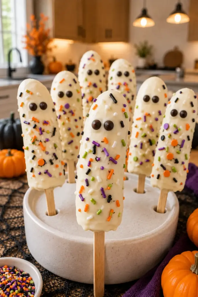 Best Halloween Baking Ideas Kids Can Make Easily featuring frozen banana Boo-Nana Pops dipped in white chocolate and colorful Halloween sprinkles.