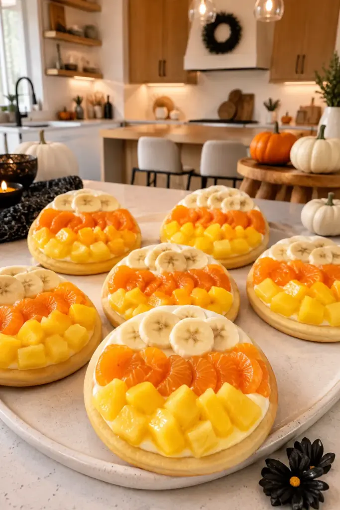 Best Halloween Baking Ideas Kids Can Make Easily featuring colorful candy corn fruit pizzas made with sugar cookie crust, vanilla yogurt, and fresh fruit.