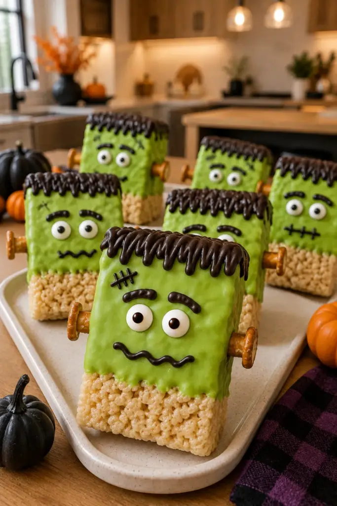 Best Halloween Baking Ideas Kids Can Make Easily showing green Frankenstein Rice Krispies decorated with pretzel bolts and playful chocolate faces.