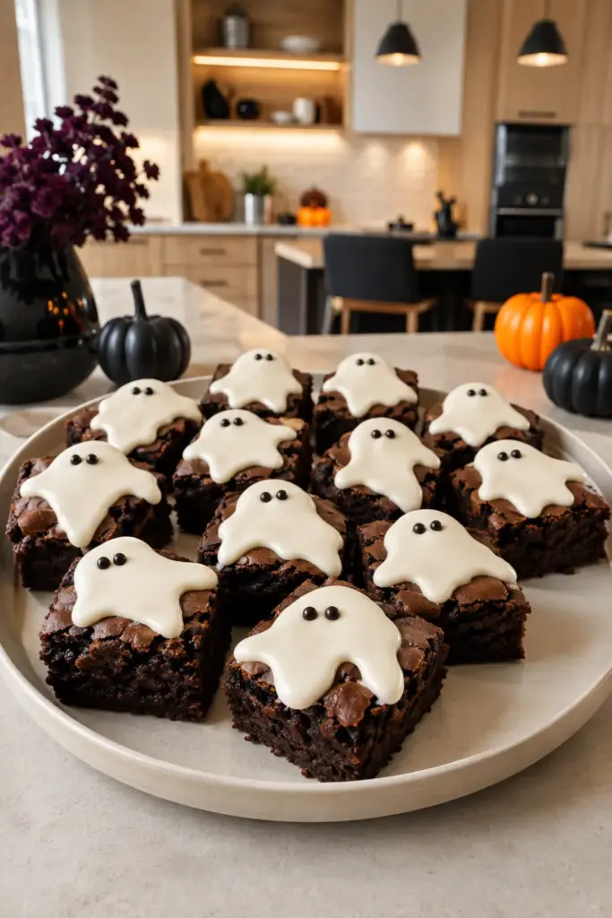 Best Halloween Baking Ideas Kids Can Make Easily featuring rich brownie bites topped with adorable white chocolate ghosts for a colorful modern Halloween dessert display.