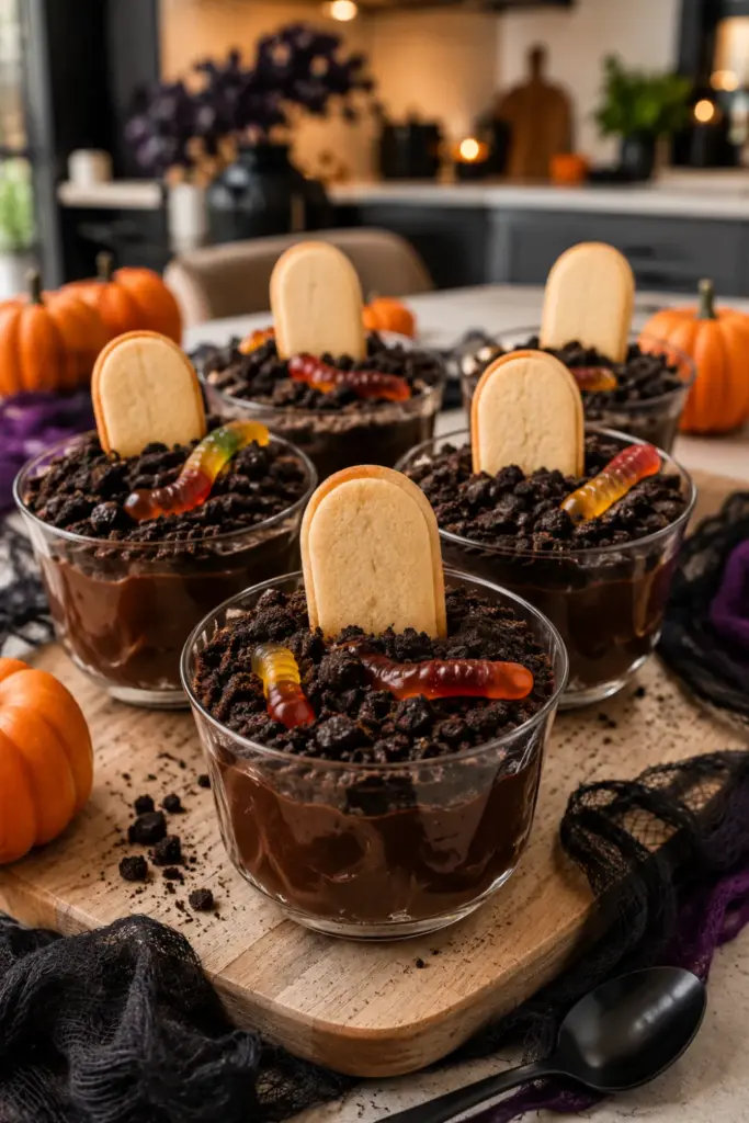 Best Halloween Baking Ideas Kids Can Make Easily showing chocolate graveyard dirt cups with crushed Oreos and Milano cookie tombstones.